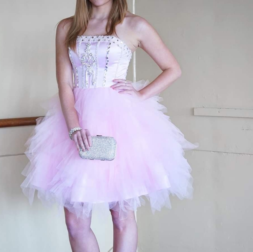 Pink Ruffle Rhinestone Cocktail Dress PROM PAGEANT - Picture 3 of 3